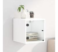 QUAHEAS Table de chevet murale avec porte en verre - Blanc - 35 x 37 x 35 cm - En matériau dérivé du bois - Table d'appoint flottante pour chambre à coucher, salon