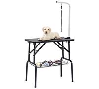 QUAHEAS Table de toilettage réglable pour chiens et chats avec pieds en acier inoxydable, surface antidérapante, 81 x 48,5 x 80 cm, 1 boucle, panier de rangement, pliable pour le toilettage et le
