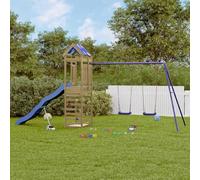 QUAHEAS Tour de jeu en bois de pin imprégné avec toboggan ondulé, double balançoire, bac à sable et plateforme 118 cm pour enfants dans le jardin, plein air et promotion motrice