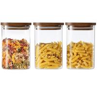 QuaLife Lot de 3 bocaux de conservation (1000 ml) avec couvercle en bois - Contenants hermétiques en verre borosilicaté - Bocaux empilables pour spaghetti et muesli - Rangement carré