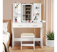 QUALIKRAFT Ensemble de coiffeuse avec lumières et tabouret, avec miroir et lumières, prise de courant, bureau avec tiroirs, coiffeuse blanche avec miroir éclairé, coiffeuse avec 2 grands tiroirs
