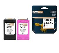 QUALITONER - x2 Cartouches compatibles pour HP 338XL + 343XL (C8765EE + C8766EE) Noir + Couleur, compatibles avec HP PhotoSmart C 3100 à 3194 et Pro B 8300 à 8353