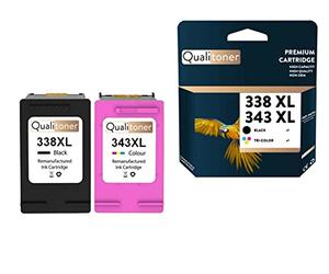 QUALITONER - x2 Cartouches compatibles pour HP 338XL + 343XL (C8765EE + C8766EE) Noir + Couleur, compatibles avec HP PhotoSmart C 3100 à 3194 et Pro B 8300 à 8353