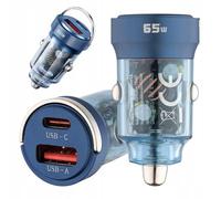 QUALO Chargeur De Voiture, Transparent, USB-A, USB-C, Aluminium, 65W, Charge Rapide, Compatible avec Power Delivery, Design moderne, Haute Efficacité, Charge Sécurisée