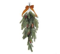 Qualoramall Couronne de Noël artificielle avec nœud en velours et aiguille de pin, 70 cm, décoration de vacances en plastique pour porte, escalier, balustrade, jardin, clôture, affichage saisonnier