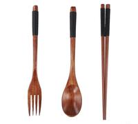 Qualoramall Lot de 3 couverts en bois avec cuillère, fourchette, baguettes, en bois naturel rouge-marron pour riz, nouilles, soupe, sushis, design lisse et sûr pour ustensiles de cuisine antiadhésifs