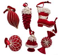 Qualoramall Lot de 6 décorations de Noël floquées de formes uniques pour décoration de sapin de Noël ou de fenêtre, rouge vin, vert et blanc (rouge vin)