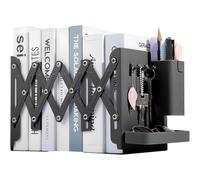 Qualsen Serre Livre Original Cale Livre Etagere en Métal Réglable Presse Livre avec Porte-Stylo, Crochets, Petits Plateaux Serre Livres Metal pour Étagère, La Maison Le Bureau l'école(1 Pièce,Noir)