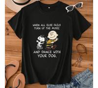 Quand tout le reste échoue, montez le son T-shirt ample à manches courtes pour femmes Snoopy imprimé de bande dessinée mignon Snoopy Charlie Brown tricot ample L,M,S,XL,XXLHalloweenTissu tricoté