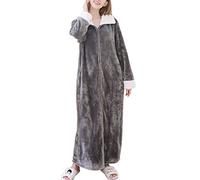quanmengsh511 Femmes Hiver Longue Robe Floue Polaire Fermeture Eclair Revers Robe de Chambre Chaud à Manches Longues Doux en Peluche Peignoirs Vêtements de Détente,Light Gray,M