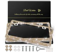 QUANQIUFEI 2 Pack Bling License Plate Frames for Women, Sparkly Rhinestone Diamond Car Accessories with Glitter Crystal Caps (Champagne)
