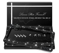 QUANQIUFEI Lot de 2 Cadres de Plaque d'immatriculation de Voiture à Strass Scintillants pour Femme - Accessoires de Voiture en Acier Inoxydable avec Capuchons en Cristal à Paillettes (Noir)