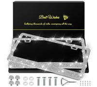 QUANQIUFEI Lot de 2 Cadres de Plaque d'immatriculation pour Femme, Accessoires de Voiture en Strass étincelants avec Capuchons en Cristal pailleté (argenté)