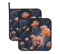 Quantum Lot de 2 maniques carrées résistantes à la chaleur Motif essaim de méduses 20,3 x 20,3 cm Tissus de qualité, anti-brûlure et faciles à nettoyer