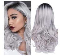 Quantum Love Perruque grise ombrée pour femme - Longue et ondulée - Raie au milieu - Perruque synthétique longue et bouclée pour fête quotidienne