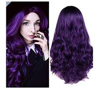 Quantum Love Perruques violettes ombrées longues bouclées et ondulées pour femme - Noir à violet - 2 tons - Racines foncées - Raie au milieu - Aspect naturel - Fibre synthétique résistante à la