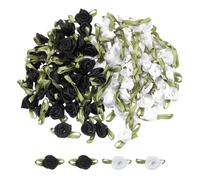 QUARKZMAN 100 pcs Roses en Ruban Blanc/Noir 5/8" x1-3/16 Mini Roses pour Couture Appliqués Loisirs Créatifs Petites Roses en Satin Nœuds Artificiels Fleurs