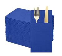 QUARKZMAN 100 Pcs Serviettes Jetables En Fibre De Lin Avec Poches Intégrées Pour Couverts, Serviettes En Papier Pour Couteaux Et Fourchettes, Essuie-Mains Pour Mariage Et Fêtes Bleu Foncé
