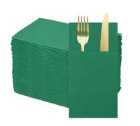 QUARKZMAN 100 Pcs Serviettes Jetables en Lin avec Poches Intégrées pour Couverts, Serviettes en Papier pour Couteaux et Fourchettes, Essuie-mains pour Mariage Vert