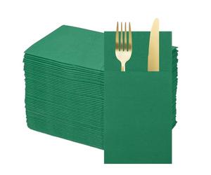 QUARKZMAN 100 Pcs Serviettes Jetables en Lin avec Poches Intégrées pour Couverts, Serviettes en Papier pour Couteaux et Fourchettes, Essuie-mains pour Mariage Vert