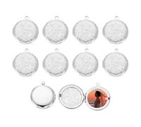 QUARKZMAN 10Pcs Medaillon Photo Personnalisable, Cuivre Rétro Ronde Gravée Fleur Image Pendants Pour Women Men DIY Mémoire KeyChains Necklace Bracelet Jewelry Making, Silver Tone
