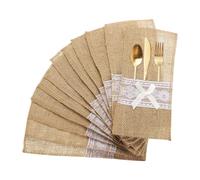 QUARKZMAN 12Pcs Housses de Couverts en Toile de Jute avec Dentelle, Pochette de Couverts en Argenterie de 4" x 8", Sac en Toile de Jute Naturelle avec Nœud pour Décoration de Fête de Mariage