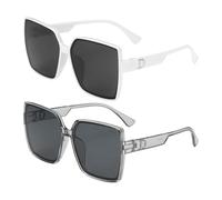 QUARKZMAN 2 Lunettes De Soleil Pour Femmes Hommes, PC Monture Large Forme D Tendance Protection Contre Le Soleil Pour Conduire, Shopping Et Prendre Des Photos, Transparent Gris & Blanc