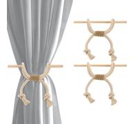 QUARKZMAN 2 Pack Attaches Rideaux, Cordon Coton Frange Rideaux Retenue Main-Tissée Décoratif Ferme Attache avec Bâton Bois pour Décoration Maison Bureau, Beige