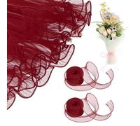 QUARKZMAN 2 Pcs 4 Yards Papier De Fleur En Maille Avec Ruban Organza Pour Emballage De Bouquets Fournitures De Fleuriste Pour Mariage Anniversaire Saint-Valentin, Wine Red