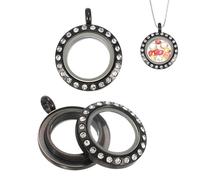 QUARKZMAN 2 Pcs Living Memory Locket Charm, 12.7mm Rhinestone Rotation Round Floating Locket Pendants Stainless Steel Glass Photo Charm Pour Women Necklace DIY Making Wedding, Black