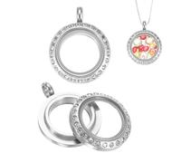 QUARKZMAN 2 Pcs Living Memory Locket Charm, 12.7mm Rhinestone Rotation Round Floating Locket Pendants Stainless Steel Glass Photo Charm Pour Women Necklace DIY Making Wedding, Silver