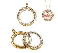 QUARKZMAN 2 Pcs Living Memory Locket Charm, 18mm Rhinestone Rotation Round Floating Locket Pendants Stainless Steel Glass Photo Charm Pour Women Necklace DIY Making Wedding, Gold
