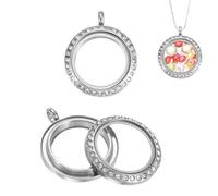 QUARKZMAN 2 Pcs Living Memory Locket Charm, 18mm Rhinestone Rotation Round Floating Locket Pendants Stainless Steel Glass Photo Charm Pour Women Necklace DIY Making Wedding, Silver