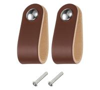 QUARKZMAN 2 Pcs Poignées de Tiroir en Cuir, Boutons de Tiroir en Cuir à Un Trou Poignées de Meuble de Commode avec Vis pour Commodes Tiroirs Placards Cuisine, Marron/Argent
