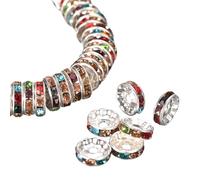 QUARKZMAN 200Pcs Perles Intercalaires Rondes de 8 mm, Plaquées Argent avec Strass, Perles Intercalaires Rondes pour la Fabrication de Bracelets, Colliers et Bijoux DIY, Multicolores