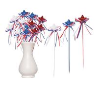 QUARKZMAN 24 Pcs 4th of Star Cupcake Toppers 8" Puffy Foam Floral Sparkly Sticks with Bowknot pour Glitter Star Picks Party Crafts Patriotic Decor (White/Navy Blue/Red)