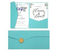 QUARKZMAN 25 fourreaux d'invitation A7 avec autocollant de sceau de cire dorée 5x7 - Cartes d'invitation de mariage triplis pour mariage, anniversaire, graduation - Bleu clair