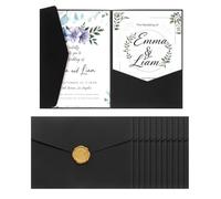 QUARKZMAN 25 Pcs Enveloppes De Poche A7 Pour Invitations Avec Autocollant De Cire Dorée 5x7 Cartes D'Invitation Triples Pour Mariage Anniversaire Diplôme Invitations De Poche, Noir
