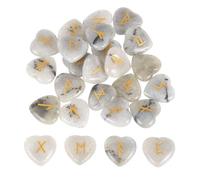 QUARKZMAN 25Pcs Ensemble De Pierres Runes Gravées Avec Alphabet Elder Futhark, Cristaux De Labradorite Grise Pierres Cœur Amour Équilibre Méditation Massage Cadeau Pierres Anti-Stress
