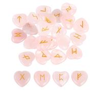 QUARKZMAN 25Pcs Ensemble De Pierres Runes Gravées Avec Alphabet Elder Futhark, Pierres De Coeur En Cristaux De Quartz Rose Pour Équilibre Amour Méditation Massage Cadeau Pierres Anti-Stress