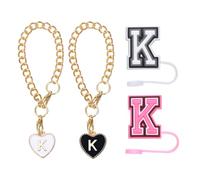 QUARKZMAN 2Pcs Accessoires de Charme Lettre Coeur avec 2Pcs 8mm Couvercle de Paille avec Lettre Majuscule et Bouchon de Fuite en Silicone pour Gobelet, Noir/Blanc/Rose(Lettre K)