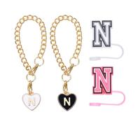 QUARKZMAN 2Pcs Accessoires de Charme Lettre Coeur avec 2Pcs 8mm Couvercle de Paille avec Lettre Majuscule et Bouchon de Fuite en Silicone pour Gobelet, Noir/Blanc/Rose(Lettre N)
