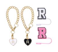 QUARKZMAN 2Pcs Accessoires de Charme Lettre Coeur avec 2Pcs 8mm Couvercle de Paille avec Lettre Majuscule et Bouchon de Fuite en Silicone pour Gobelet, Noir/Blanc/Rose(Lettre R)