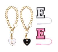 QUARKZMAN 2Pcs Accessoires de Charme Lettre Coeur avec 2Pcs 8mm Couvercle de Paille avec Lettre Majuscule et Bouchon de Fuite en Silicone pour Gobelet, Noir/Blanc/Rose(Lettre E)