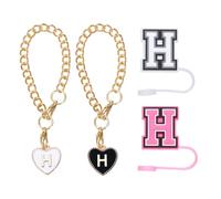 QUARKZMAN 2Pcs Accessoires de Charme Lettre Coeur avec 2Pcs 8mm Couvercle de Paille avec Lettre Majuscule et Bouchon de Fuite en Silicone pour Gobelet, Noir/Blanc/Rose(Lettre H)