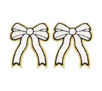 QUARKZMAN 2Pcs Bow Chenille Patches, Iron On Patches Gold Edges Embroidered Applique Patch Pour DIY Clothing Fabric Hats Shoes Bags, White