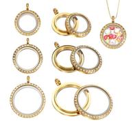 QUARKZMAN 3 Pcs Living Memory Locket Charm, 12.7/18/23mm Rhinestone Rotation Round Floating Locket Pendants Stainless Steel Glass Photo Charm Pour Women Necklace DIY Making Wedding, Gold