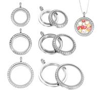 QUARKZMAN 3 Pcs Living Memory Locket Charm, 12.7/18/23mm Rhinestone Rotation Round Floating Locket Pendants Stainless Steel Glass Photo Charm Pour Women Necklace DIY Making Wedding, Silver