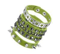 QUARKZMAN 3Pcs Rock Punk Studded Leather Bracelet Set, 8.7"/22cm Goth Spiked Cuff Wristband Adjustable Bracelets Pour Emo Grunge Accessories Halloween Party Favors, Green