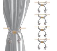 QUARKZMAN 4 Pack Attaches Rideaux, Corde De Coton Franges Rideaux Attaches Tissées À La Main Décoratives Style Ferme avec Bâton en Bois pour Décoration Maison Bureau, Gris